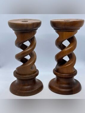 Vintage Set of 2 Handmade Wooden Spiral Twist Hollow Candle Holders 9.25" Tall